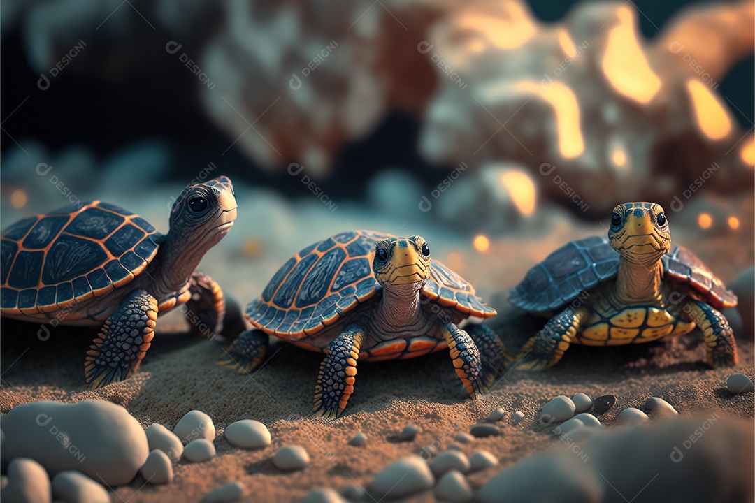 Grupo de pequenas tartarugas na areia da praia caminha para o mar. Ensolarado