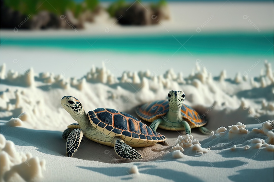 Grupo de pequenas tartarugas na areia da praia caminha para o mar. Ensolarado