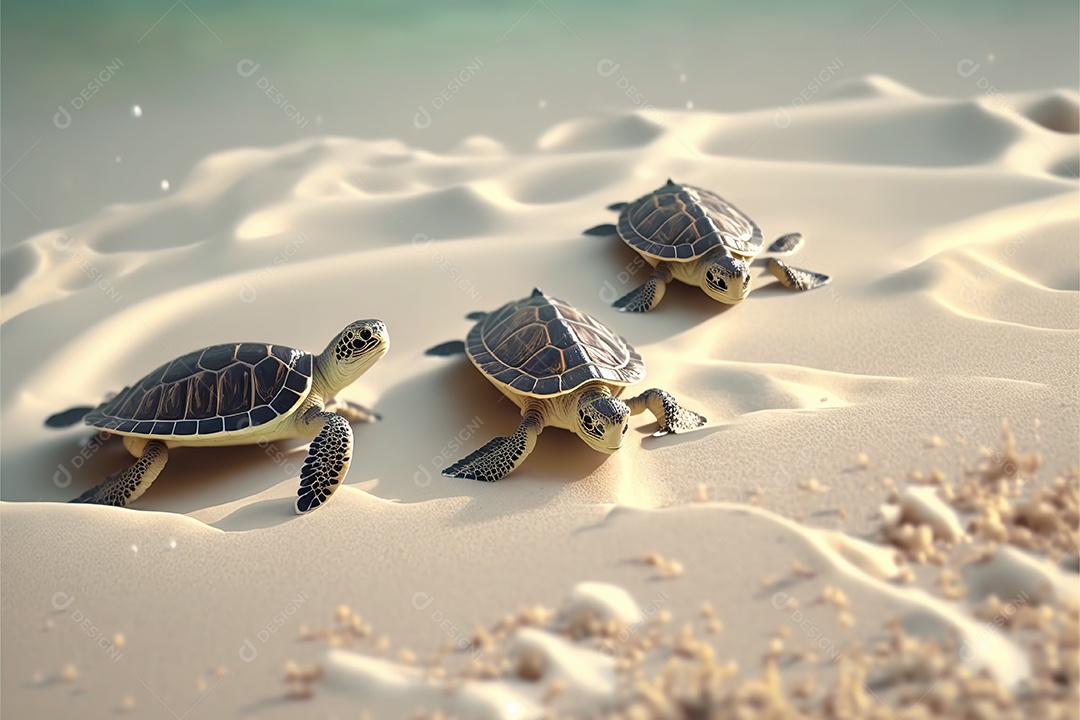 Grupo de pequenas tartarugas na areia da praia caminha para o mar. Ensolarado