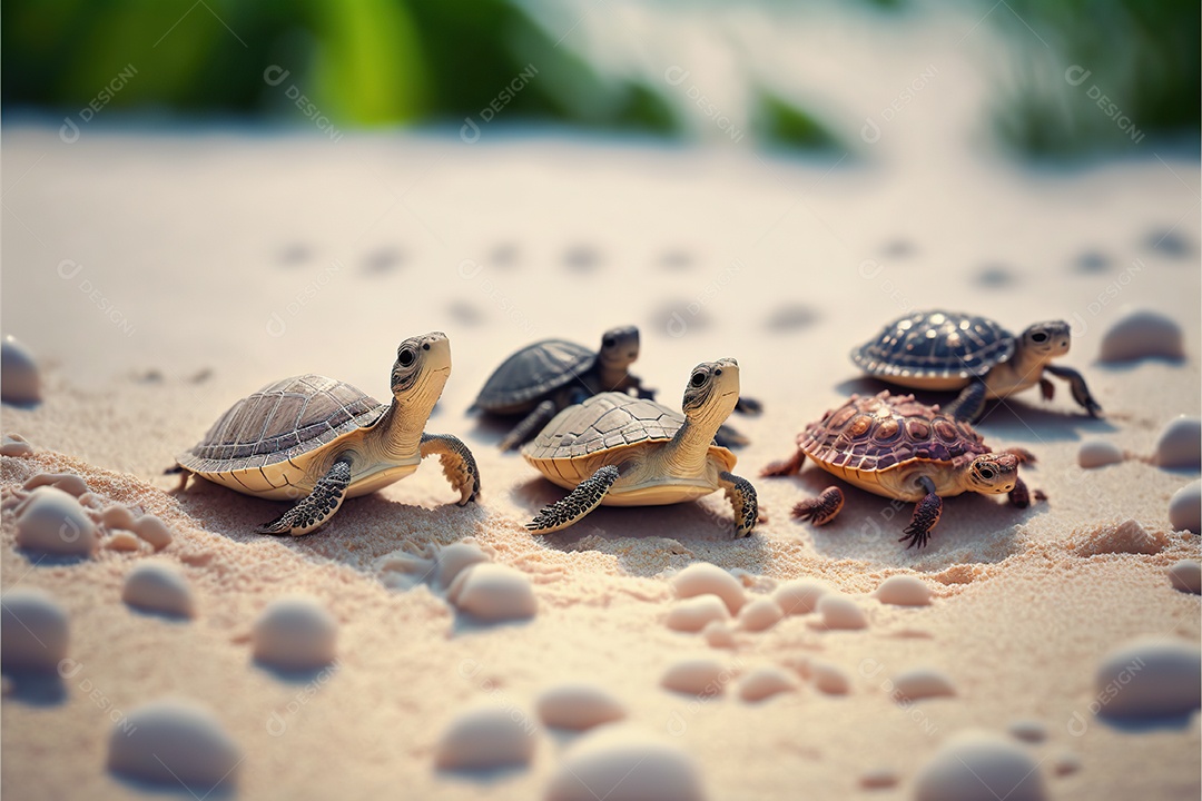Grupo de pequenas tartarugas na areia da praia caminha para o mar. Ensolarado