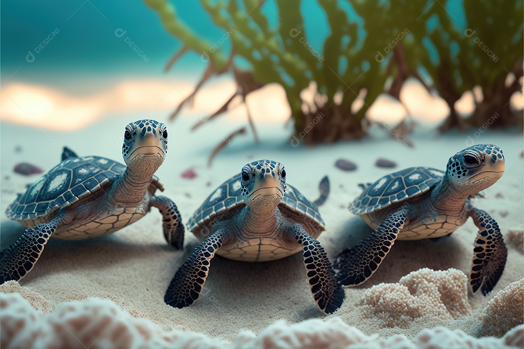 Grupo de pequenas tartarugas na areia da praia caminha para o mar. Ensolarado