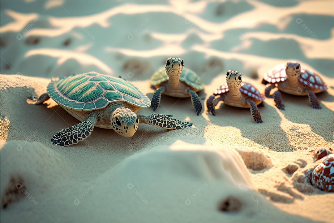 Grupo de pequenas tartarugas na areia da praia caminha para o mar. Ensolarado