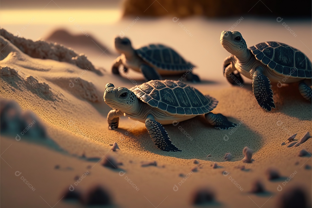 Grupo de pequenas tartarugas na areia da praia caminha para o mar. Ensolarado