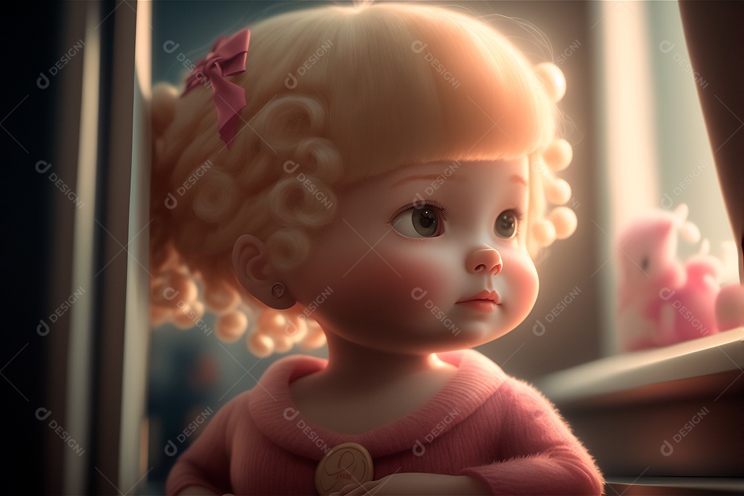 Criança do sexo feminino bonito dos desenhos animados se preparando para dormir na cama do quarto rosa. IA gerada. conceito de rotina diária