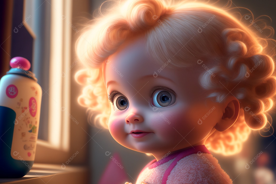 Criança do sexo feminino bonito dos desenhos animados se preparando para dormir na cama do quarto rosa. IA gerada. conceito de rotina diária