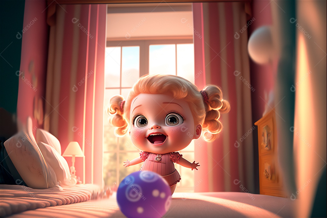 Criança do sexo feminino bonito dos desenhos animados se preparando para dormir na cama do quarto rosa. IA gerada. conceito de rotina diária