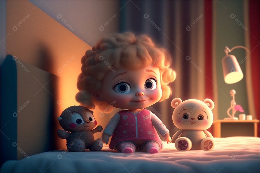 Criança do sexo feminino bonito dos desenhos animados se preparando para dormir na cama do quarto rosa. IA gerada. conceito de rotina diária