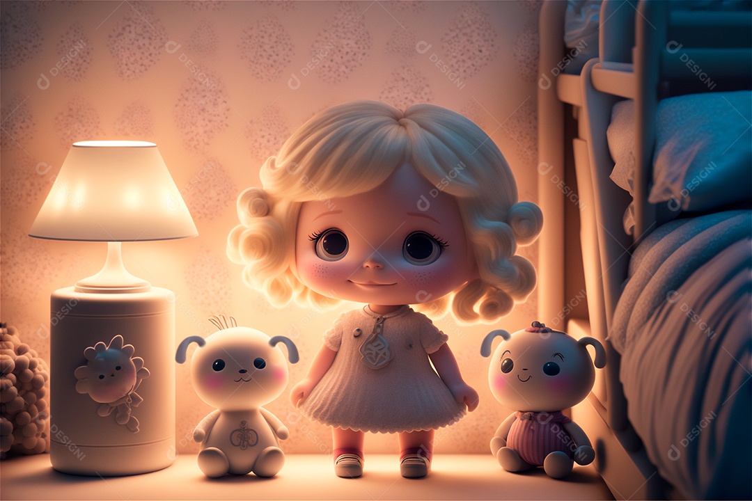 Criança do sexo feminino bonito dos desenhos animados se preparando para dormir na cama do quarto rosa. IA gerada. conceito de rotina diária