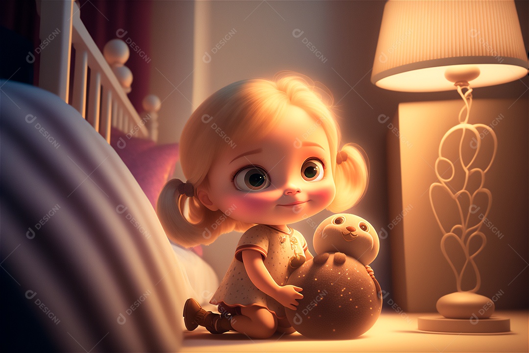 Criança do sexo feminino bonito dos desenhos animados se preparando para dormir na cama do quarto rosa. IA gerada. conceito de rotina diária