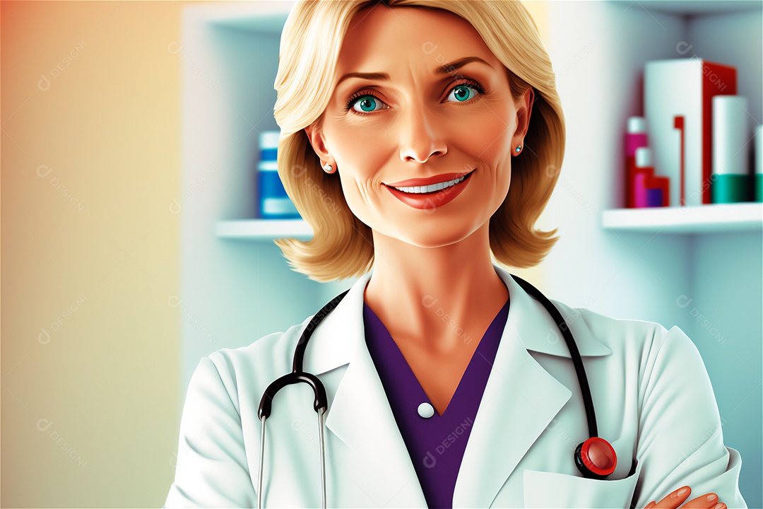 Sorriso feminino loira personagem de desenho animado médico com estetoscópio e área de transferência. IA gerada. Foco seletivo. antecedentes hospitalares