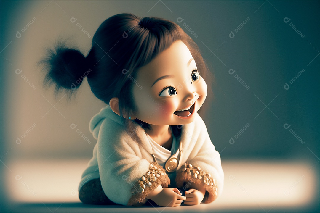 Desenhos animados linda menina feliz brincando no quarto. IA gerada conceito de rotina diária