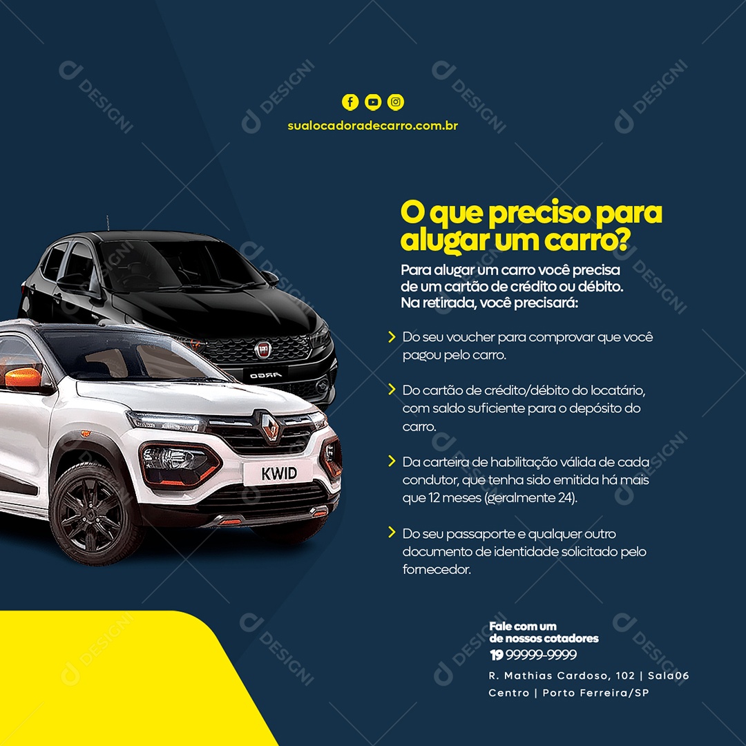 O Que Preciso para Alugar um Carro Locadora de Carro Social Media PSD Editável