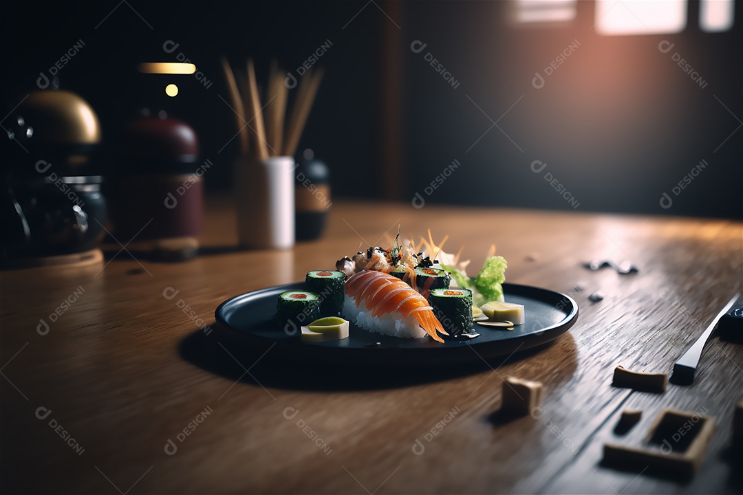 Conjunto de sushi variado disposto no prato sobre a mesa de madeira.