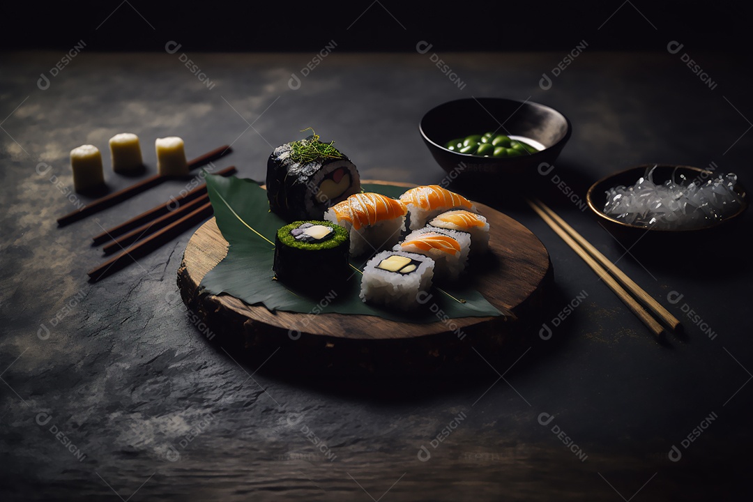 Conjunto de sushi variado disposto no prato sobre a mesa de madeira.