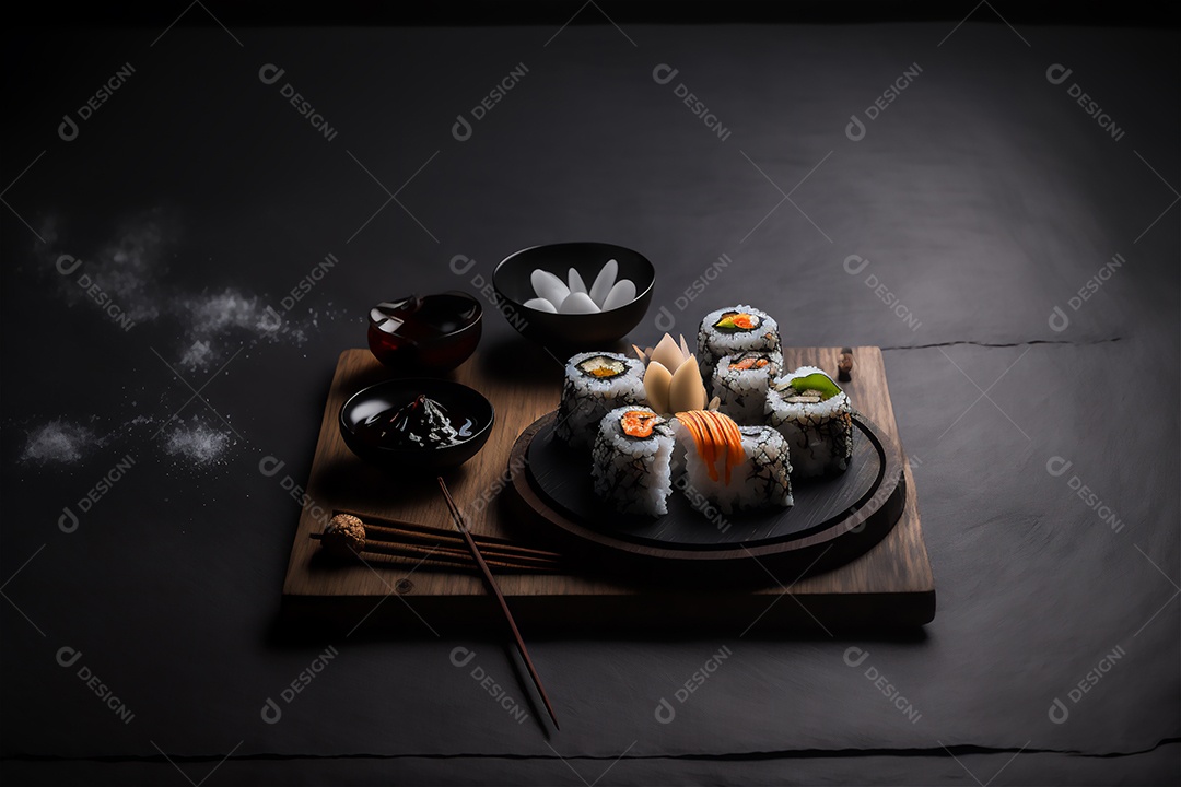 Conjunto de sushi variado disposto no prato sobre a mesa de madeira.
