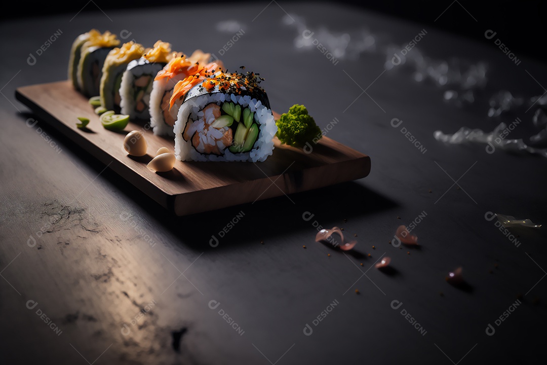 Conjunto de sushi variado disposto no prato sobre a mesa de madeira.