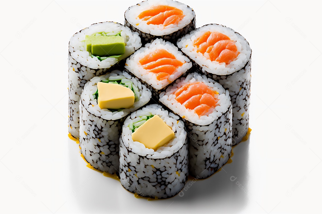 Conjunto de sushi variado sobre fundo branco