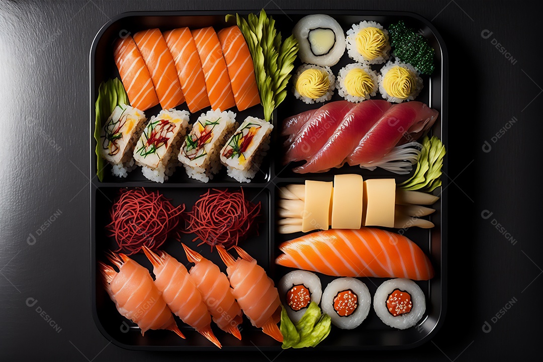 Conjunto de sushi variado disposto no prato sobre a mesa de madeira.