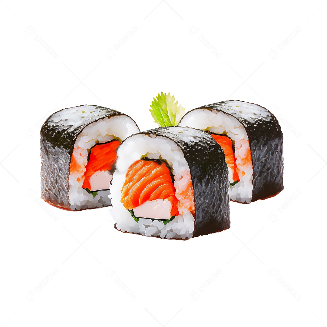 Conjunto de sushi variado sobre fundo branco