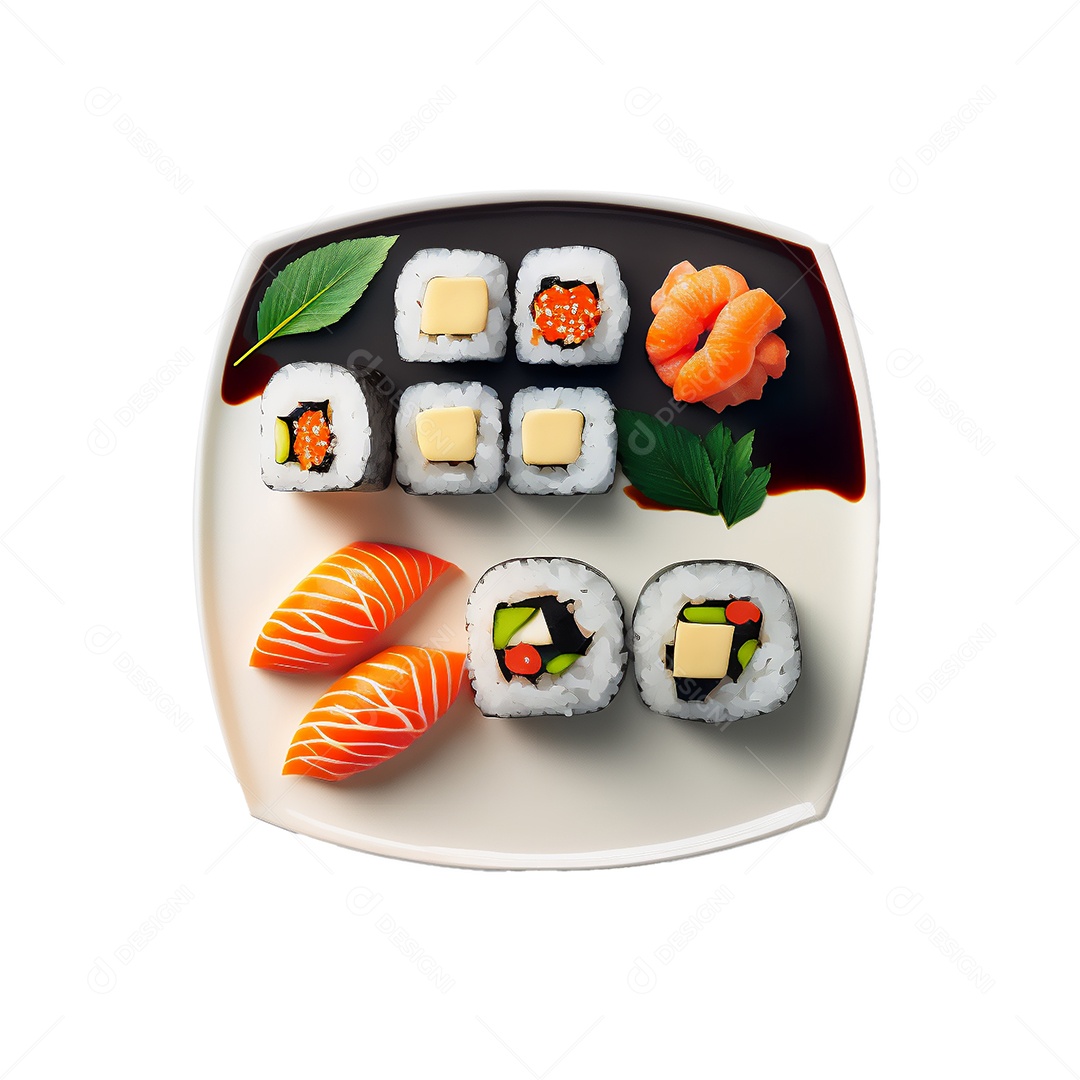 Conjunto de sushi variado disposto sobre fundo branco