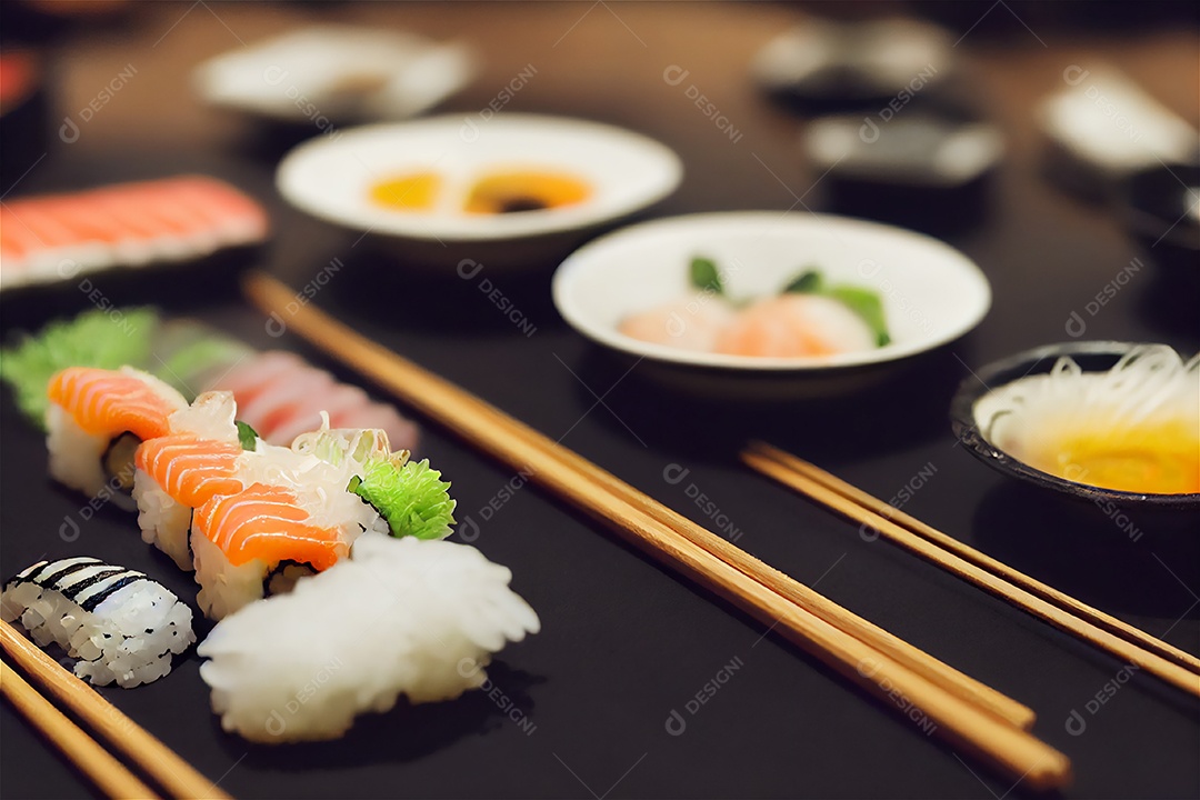 Conjunto de sushi variado disposto no prato sobre a mesa