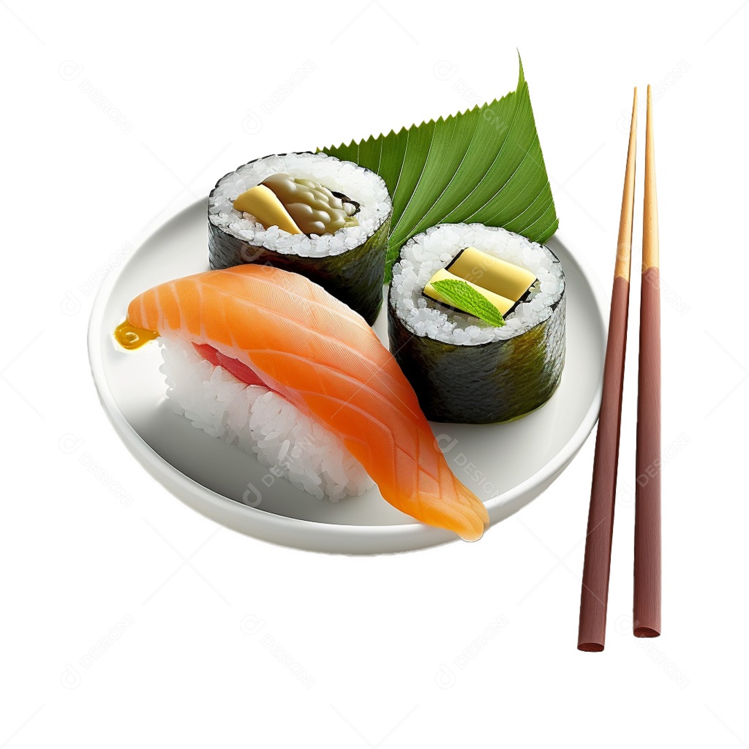 Conjunto de sushi variado sobre fundo branco