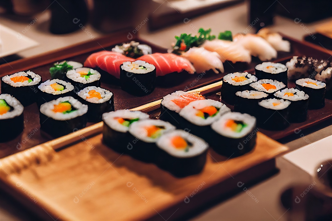 Conjunto de sushi variado disposto no prato sobre a mesa