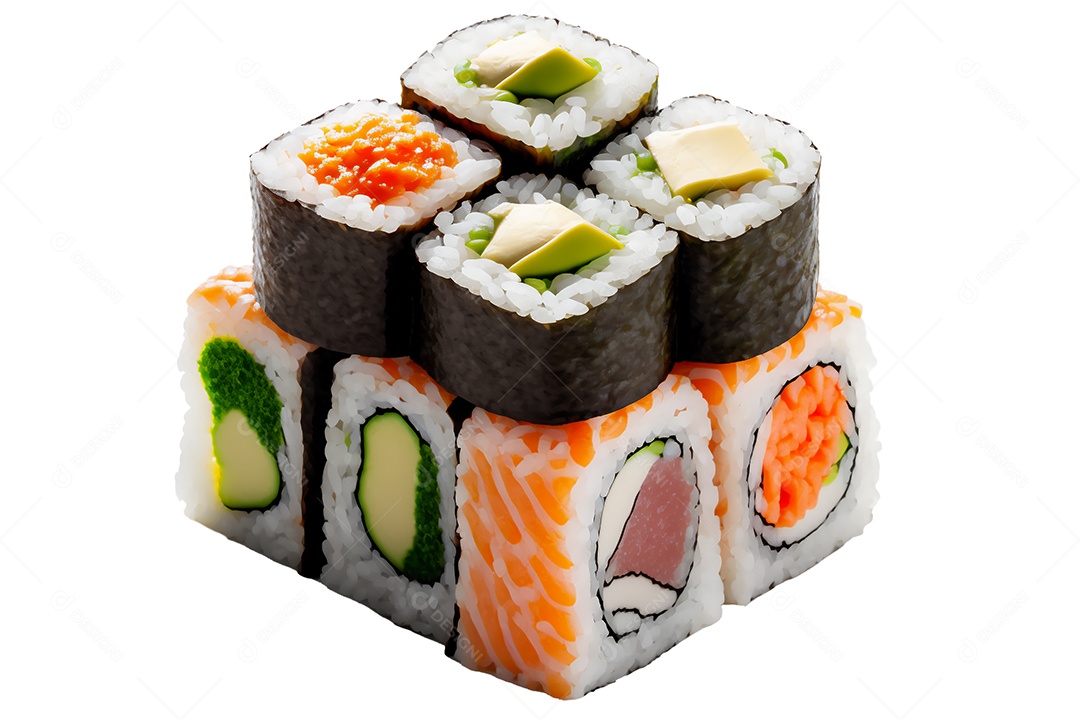 Conjunto de sushi variado disposto sobre fundo branco