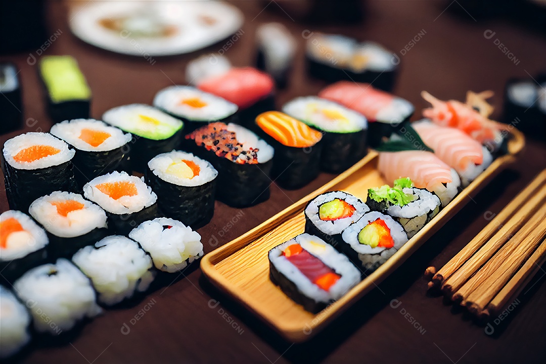 Conjunto de sushi variado disposto no prato sobre a mesa