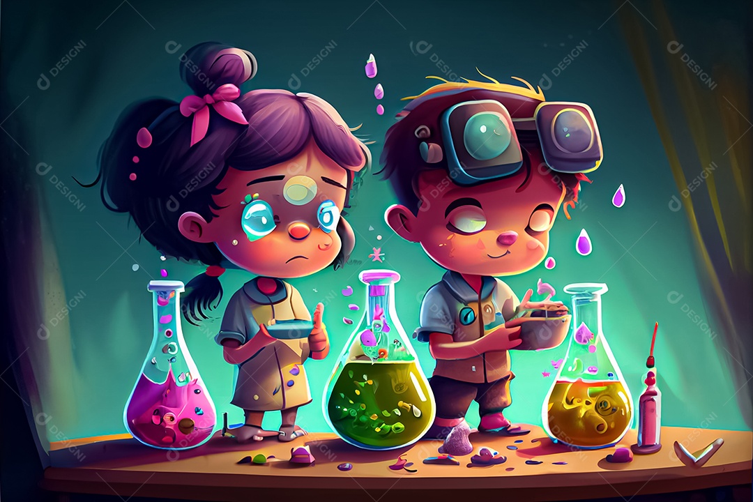 Desenhos animados crianças ciência experimentando produtos químicos Dia Nacional da Ciência