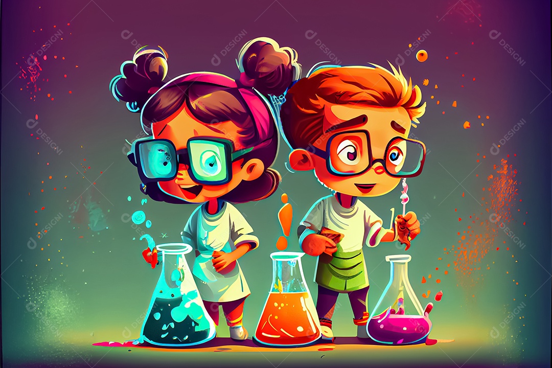 Desenhos animados crianças ciência experimentando produtos químicos Dia Nacional da Ciência