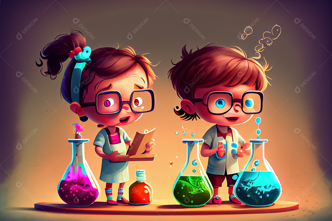 Desenhos animados crianças ciência experimentando produtos químicos Dia Nacional da Ciência