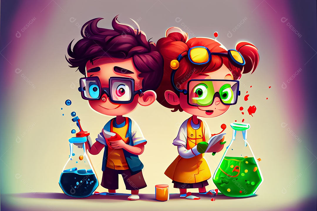 Desenhos animados crianças ciência experimentando produtos químicos Dia Nacional da Ciência