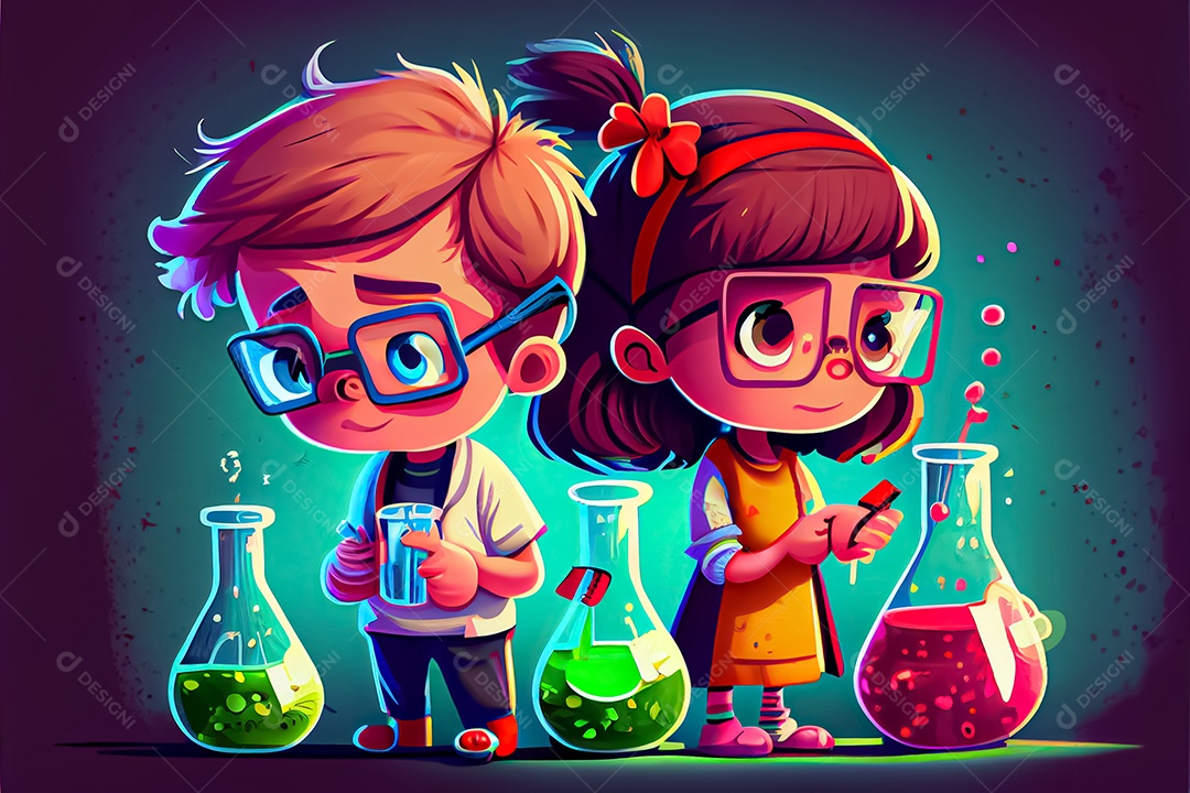 Desenhos animados crianças ciência experimentando produtos químicos Dia Nacional da Ciência