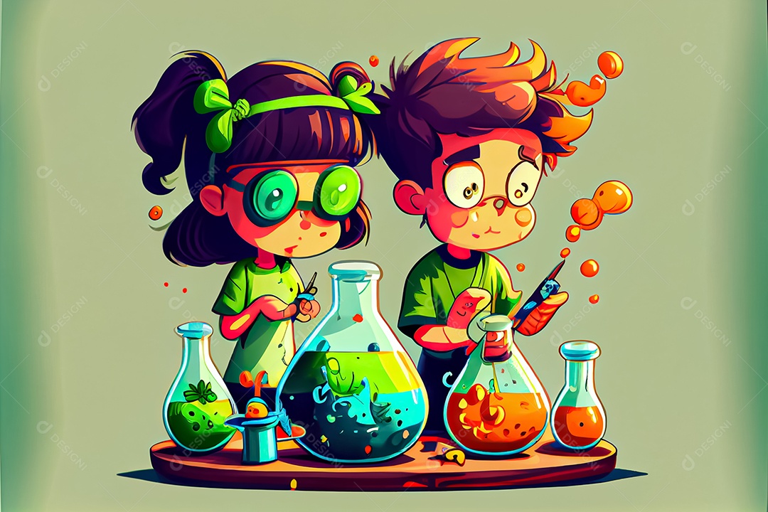 Desenhos animados crianças ciência experimentando produtos químicos Dia Nacional da Ciência