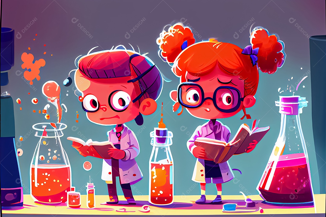 Desenhos animados crianças ciência experimentando produtos químicos Dia Nacional da Ciência