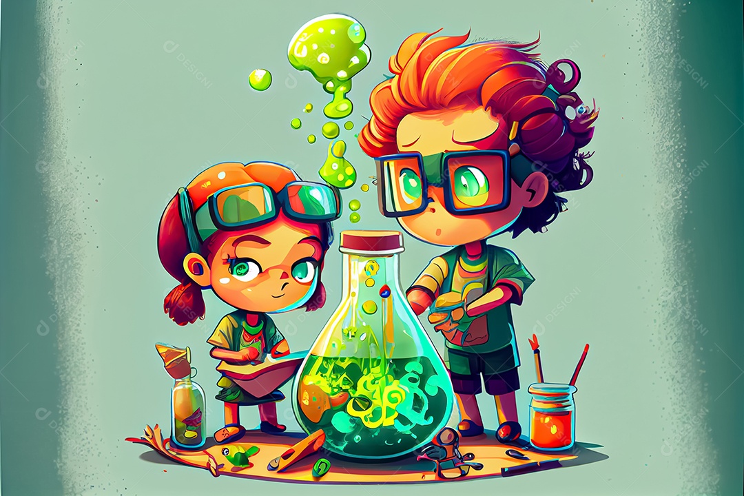 Desenhos animados crianças ciência experimentando produtos químicos Dia Nacional da Ciência