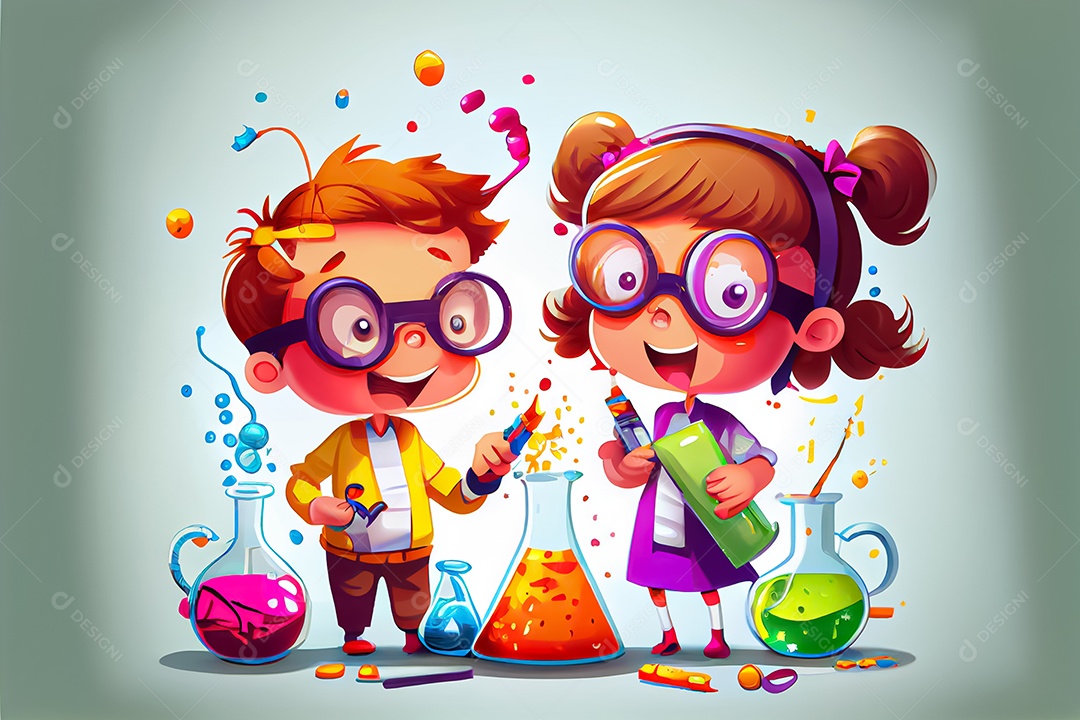 Desenhos animados crianças ciência experimentando produtos químicos Dia Nacional da Ciência