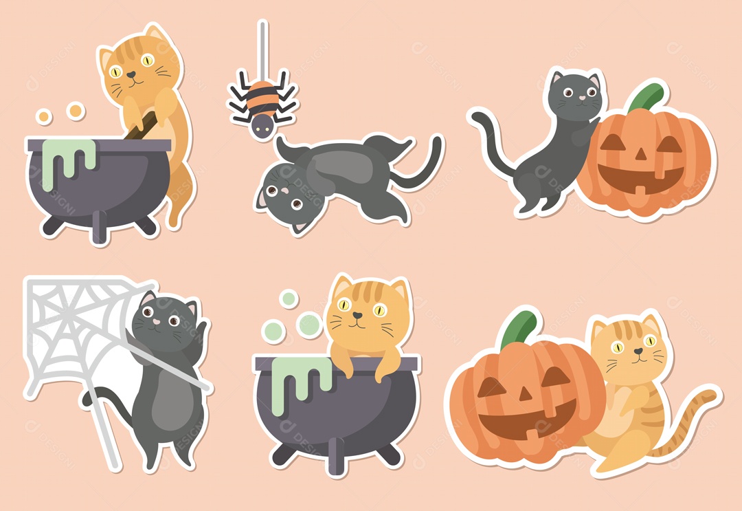 Desenho de adesivo de gato adorável na coleção do dia de Halloween