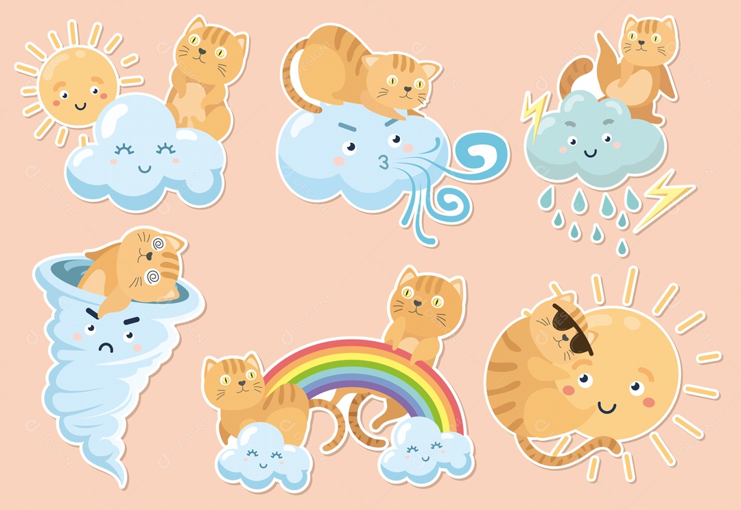 Gato adorável com coleção de desenhos animados de adesivo de tempo