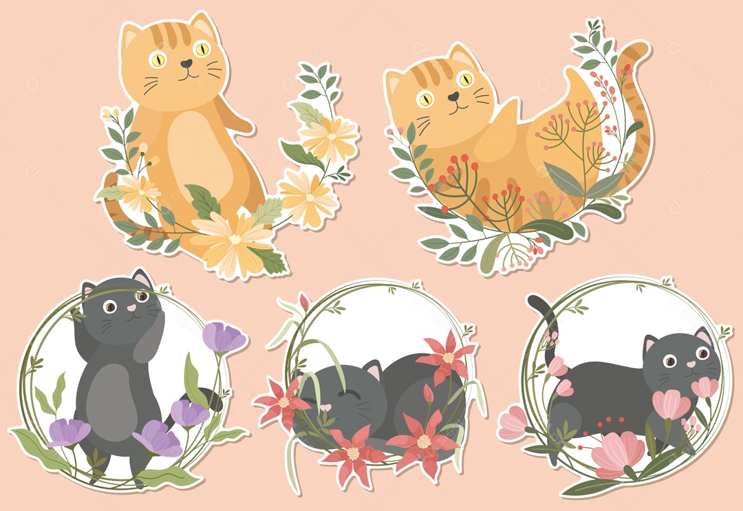 Gatinho adorável com coleção de desenhos animados de adesivo de coroa de flores