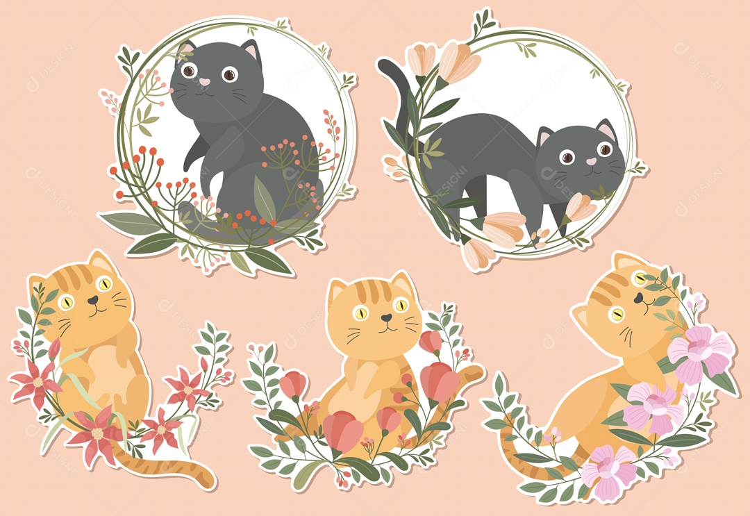 Gato bonito com coleção de desenhos animados de adesivo de coroa de flores