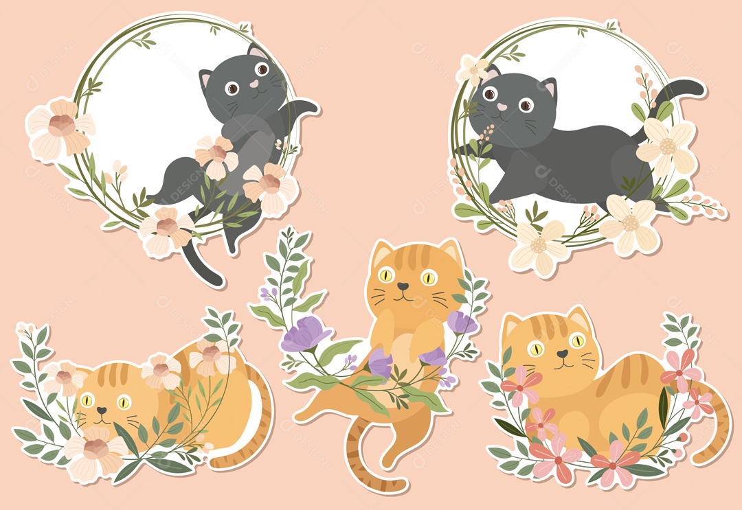 Gatinho fofo com coleção de desenhos animados de adesivo de coroa de flores