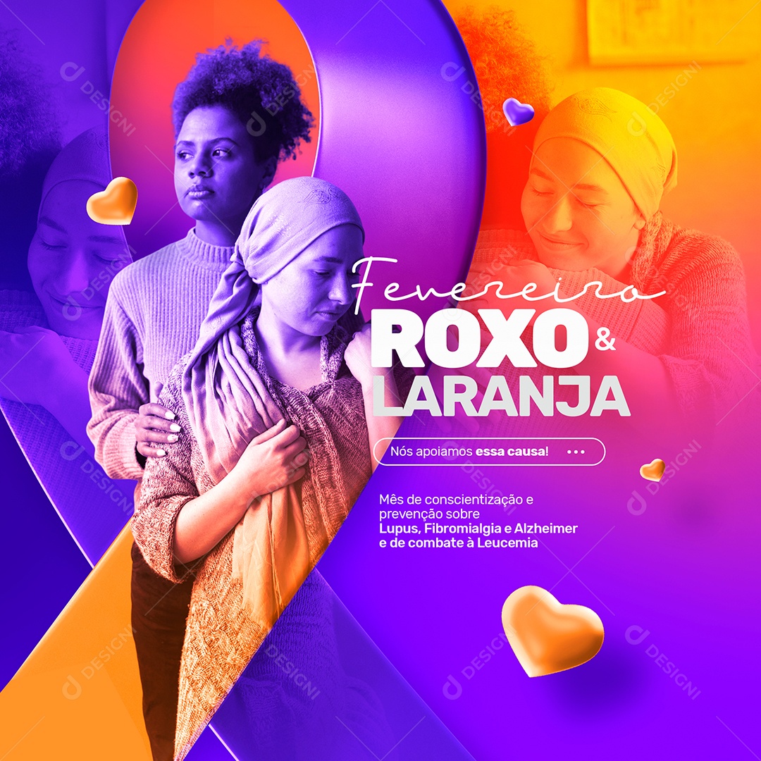 Fevereiro Roxo e Laranja Lúpus Alzheimer Fibromialgia Leucemia Social Media PSD Editável