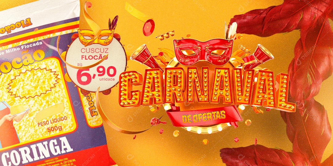 Banner Carnaval de Ofertas Cuscuz Flocão Supermercado Social Media PSD Editável
