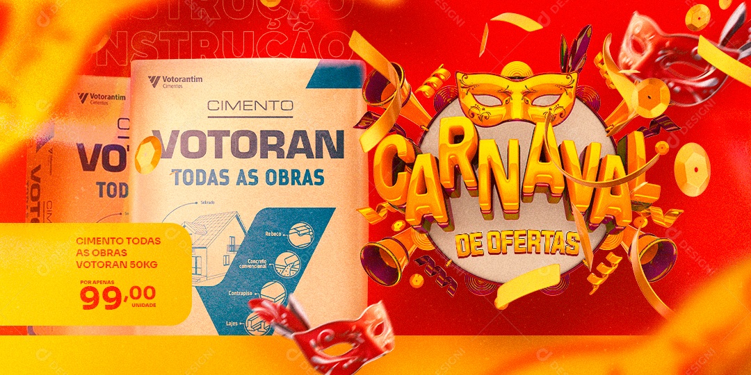 Banner Carnaval de Ofertas Cimento Votoran Todas as Obras Construção Social Media PSD Editável