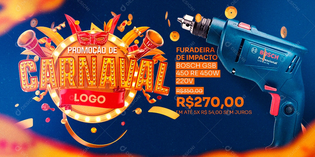 Banner Promoção de Carnaval Construção Furadeira de Impacto Social Media PSD Editável