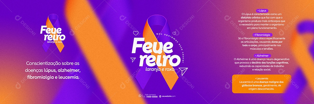 Fevereiro Roxo e Laranja Mês de Conscientização Lúpus, Alzheimer, Fibromialgia e Leucemia Social Media PSD Editável