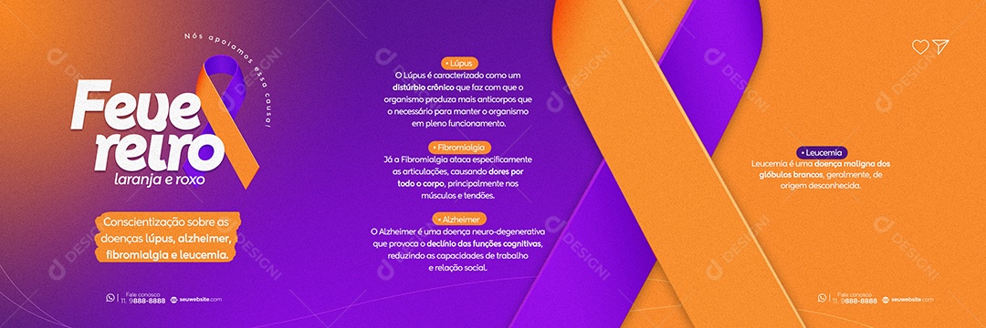 Fevereiro Roxo e Laranja Mês de Conscientização Lúpus, Alzheimer, Fibromialgia e Leucemia Social Media PSD Editável