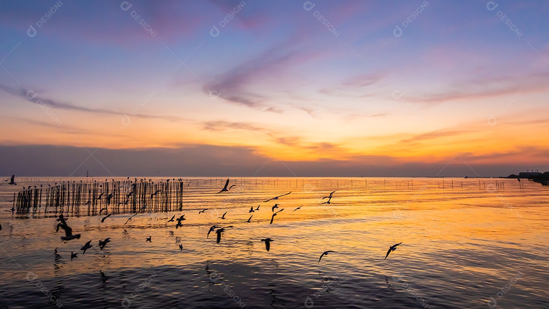 Paisagem da costa do mar durante o crepúsculo. Pôr do sol da noite.
